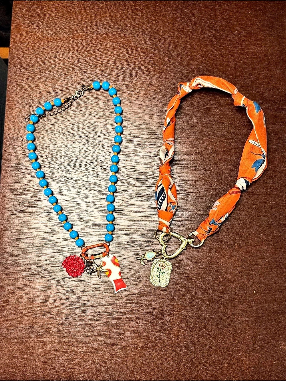 Beaded Carabiner Charm Necklace Set Blue & Orange